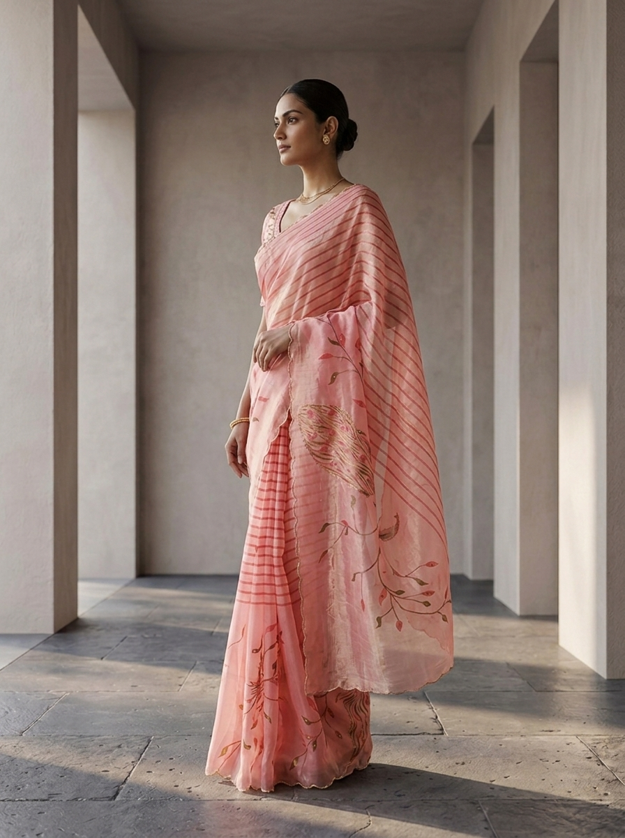 Onion Pink Tissue Floral Printed Saree