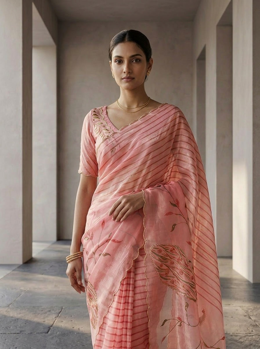 Onion Pink Tissue Floral Printed Saree