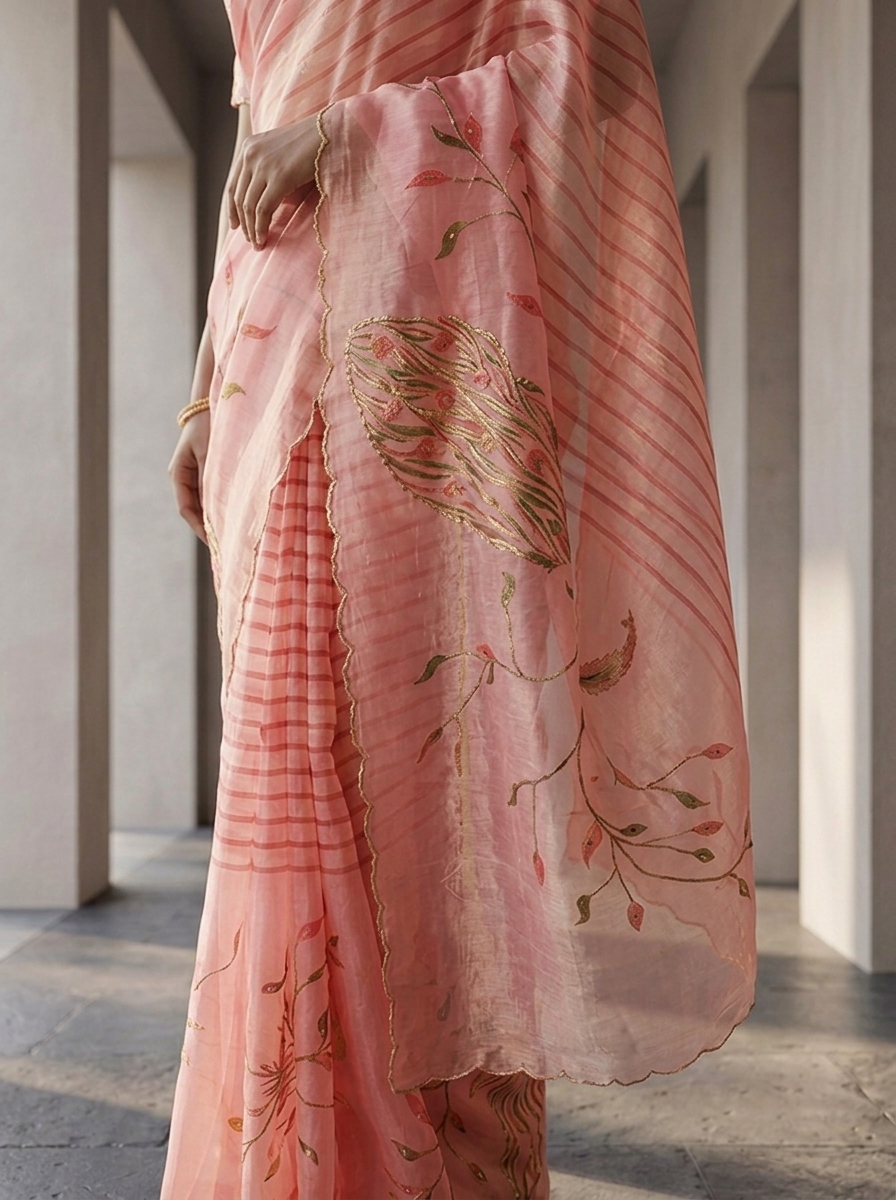 Onion Pink Tissue Floral Printed Saree