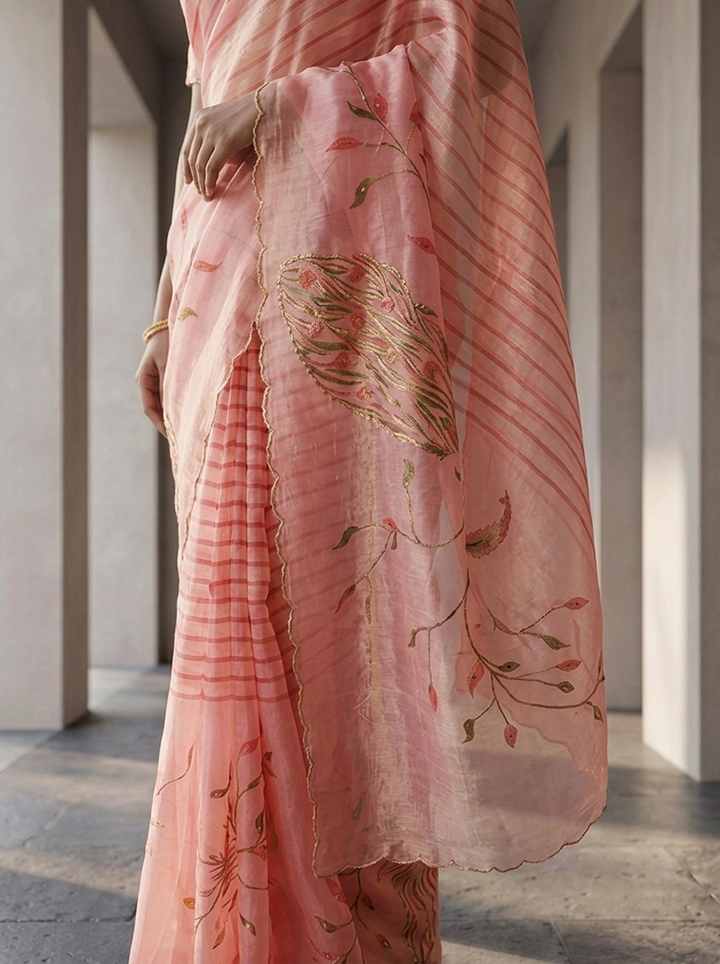 Onion Pink Tissue Floral Printed Saree