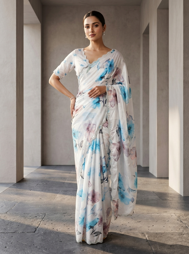 Blue Satin Printed And Stone Embroidery Saree