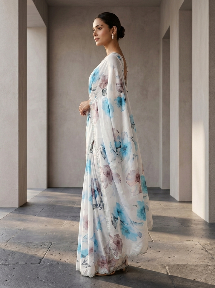 Blue Satin Printed And Stone Embroidery Saree