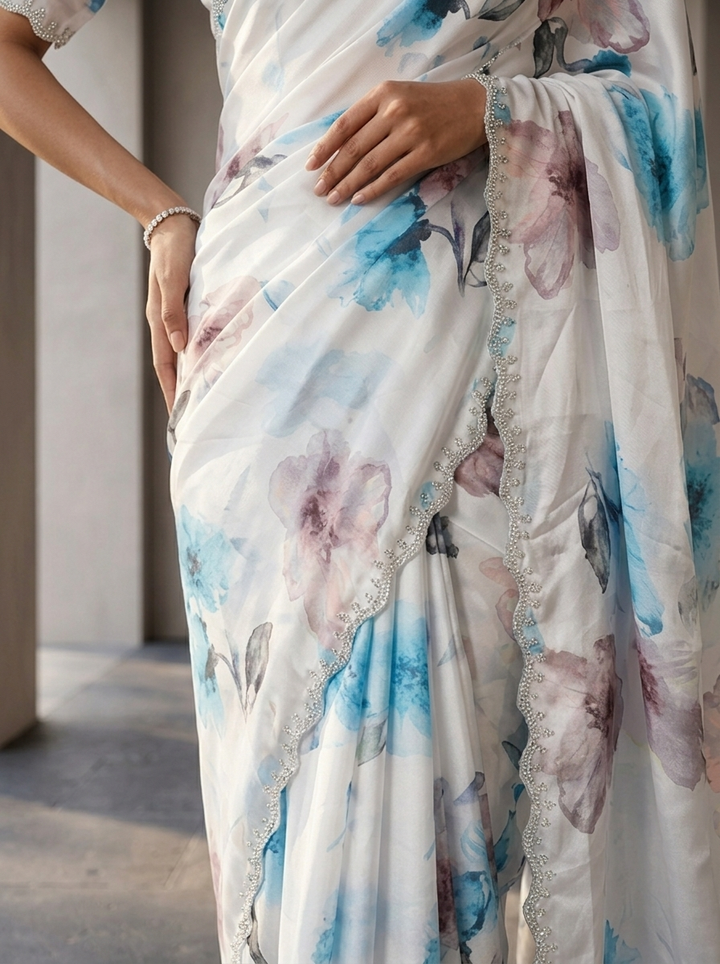 Blue Satin Printed And Stone Embroidery Saree