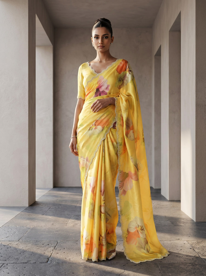 Yellow Satin Floral Printed Saree