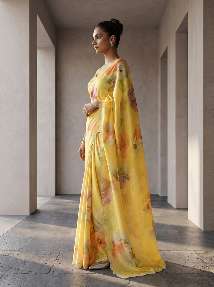 Yellow Satin Floral Printed Saree