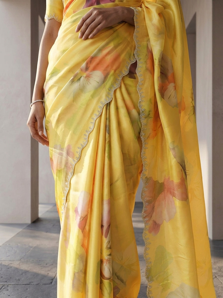 Yellow Satin Floral Printed Saree