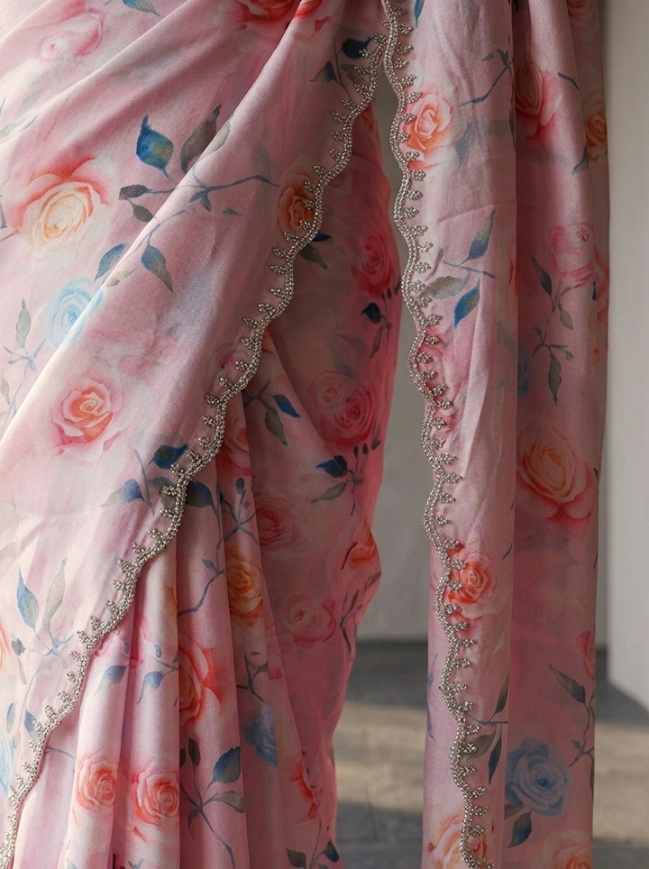 Baby Pink Satin Heavy Floral Printed Saree