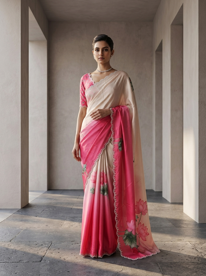 Pink And White Satin Printed Saree