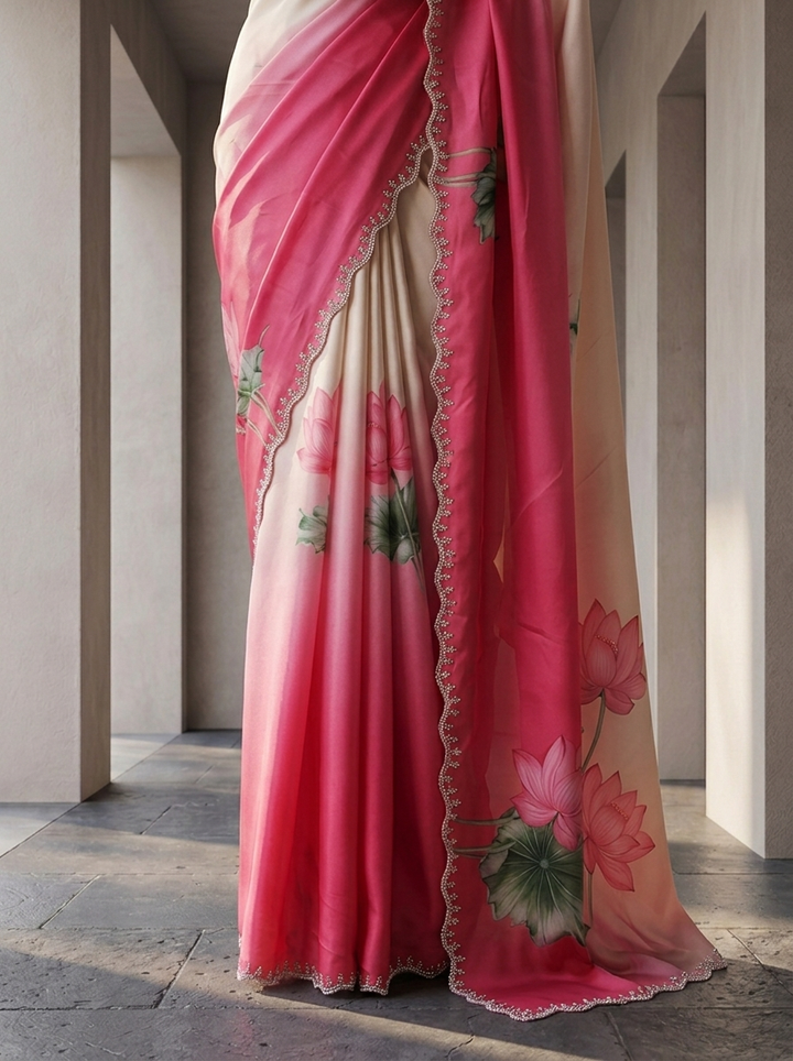 Pink And White Satin Printed Saree