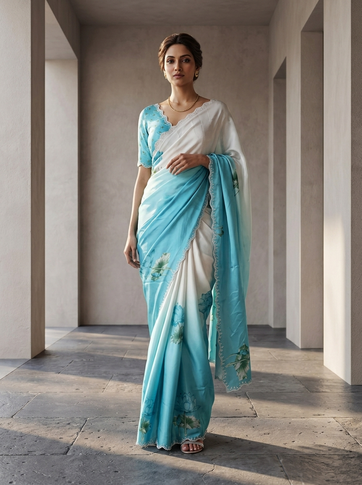 Blue And White Satin Printed Saree