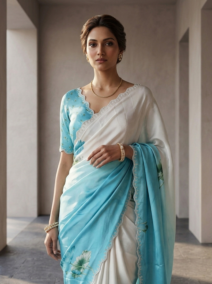 Blue And White Satin Printed Saree