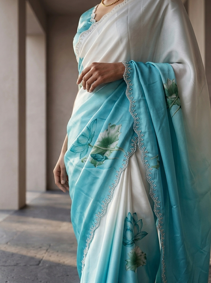 Blue And White Satin Printed Saree