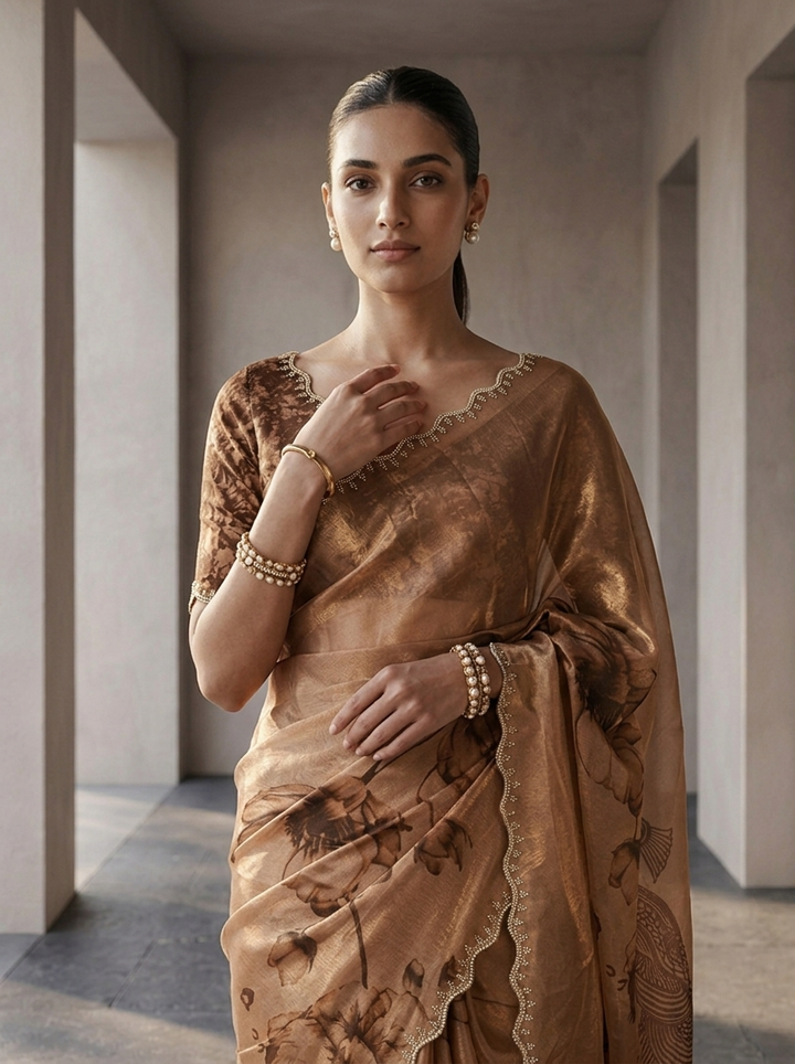 Brown Satin Floral Printed Saree