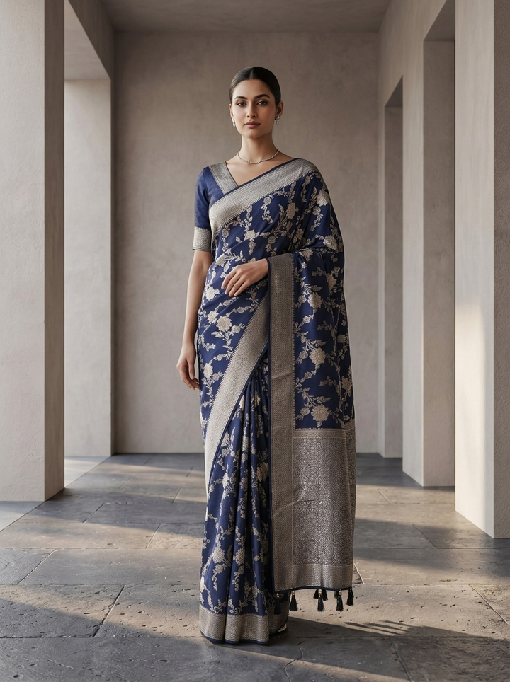 Navy Blue Banaras Floral Weaved Saree