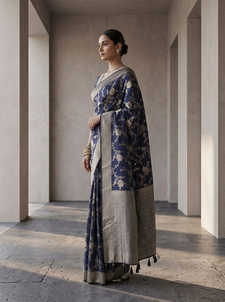 Navy Blue Banaras Floral Weaved Saree