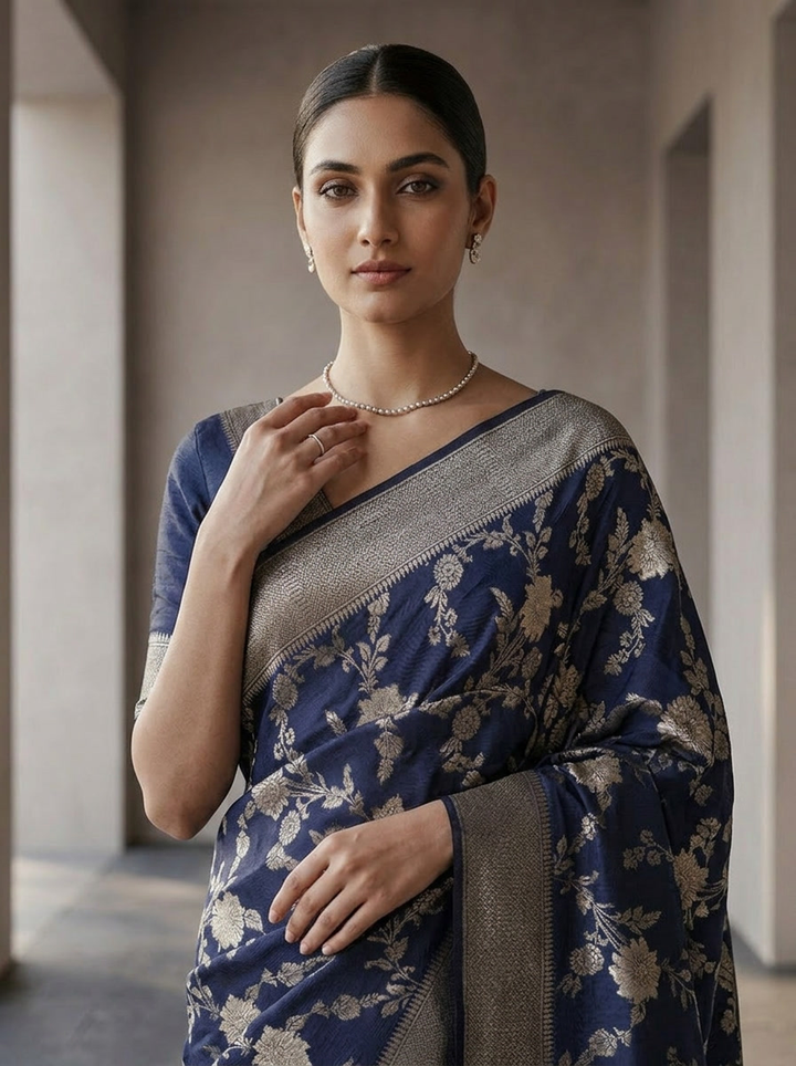 Navy Blue Banaras Floral Weaved Saree