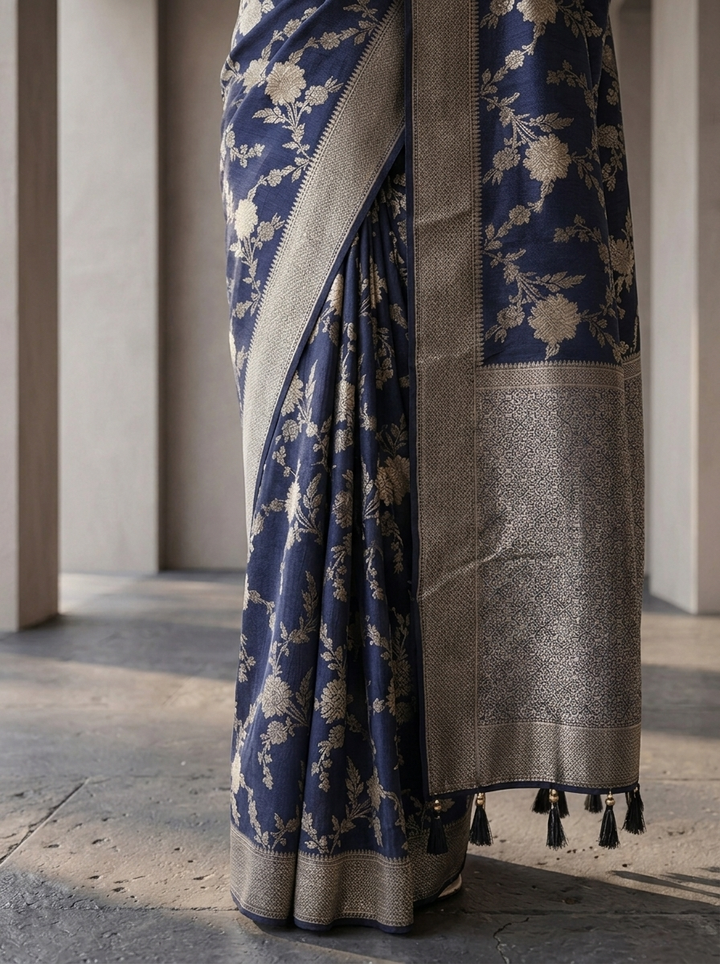 Navy Blue Banaras Floral Weaved Saree