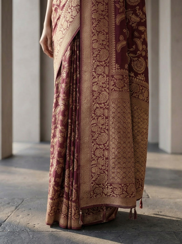 Wine Banaras Weaved Saree With Floral Design