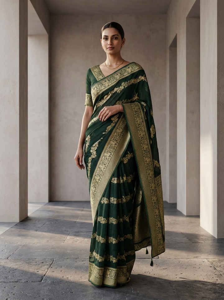 Bottle Green Banaras Weaved Saree