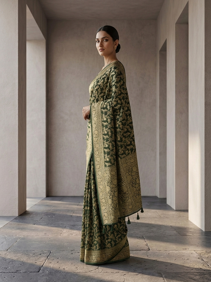 Bottle Green Banaras Saree With Heavy Floral Design
