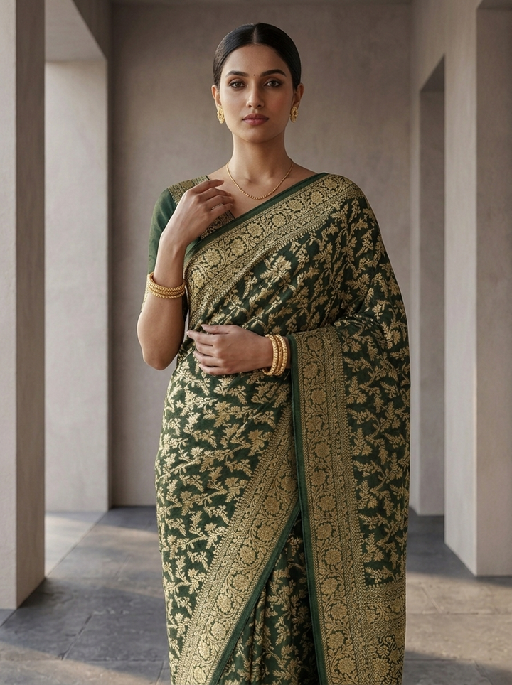 Bottle Green Banaras Saree With Heavy Floral Design