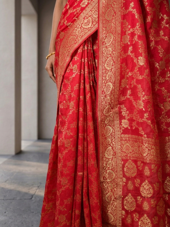 Rani Pink Banaras Floral Design Weaved Saree
