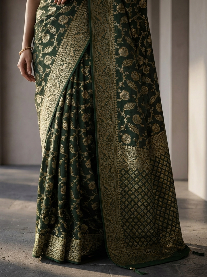 Bottle Green Banaras Weaved Floral Design Saree