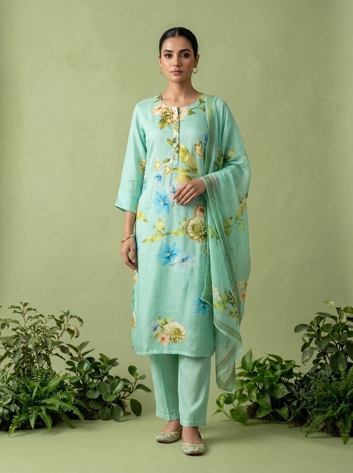 Mint Linen Heavy Floral Printed Three Piece Set