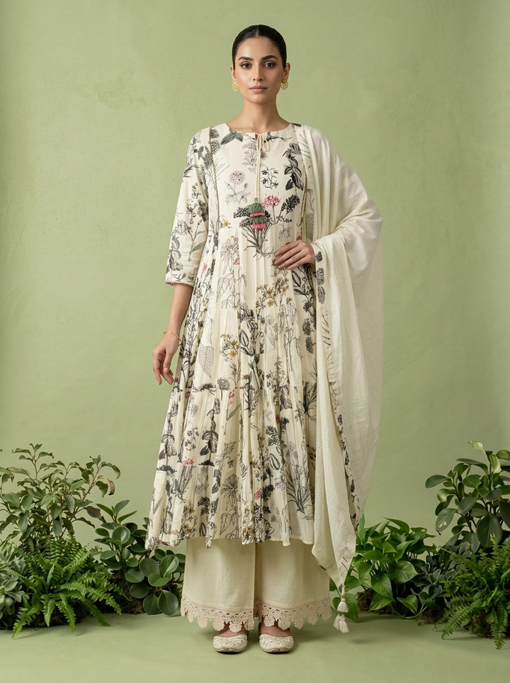 Cream Cotton Floral Printed Three Piece Set