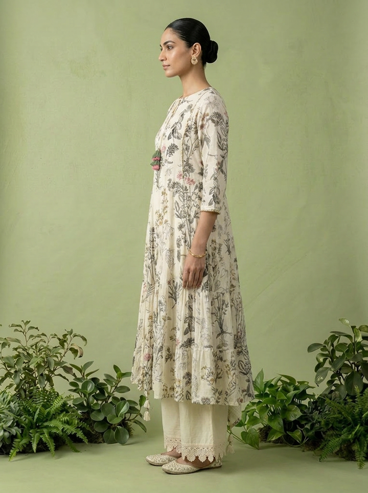 Cream Cotton Floral Printed Three Piece Set