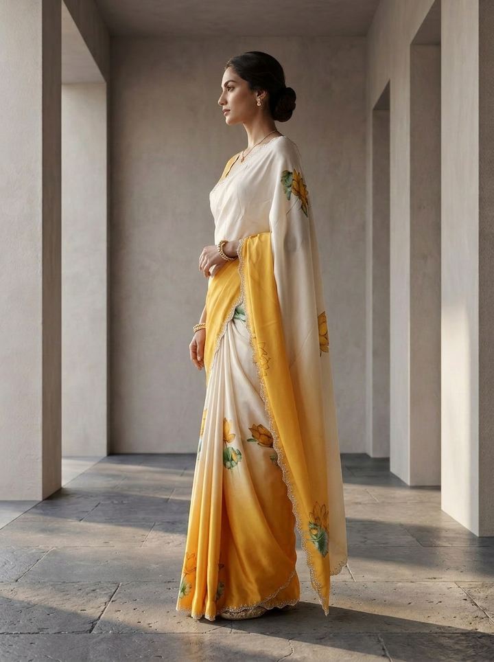 White And Mustard Satin Printed Saree