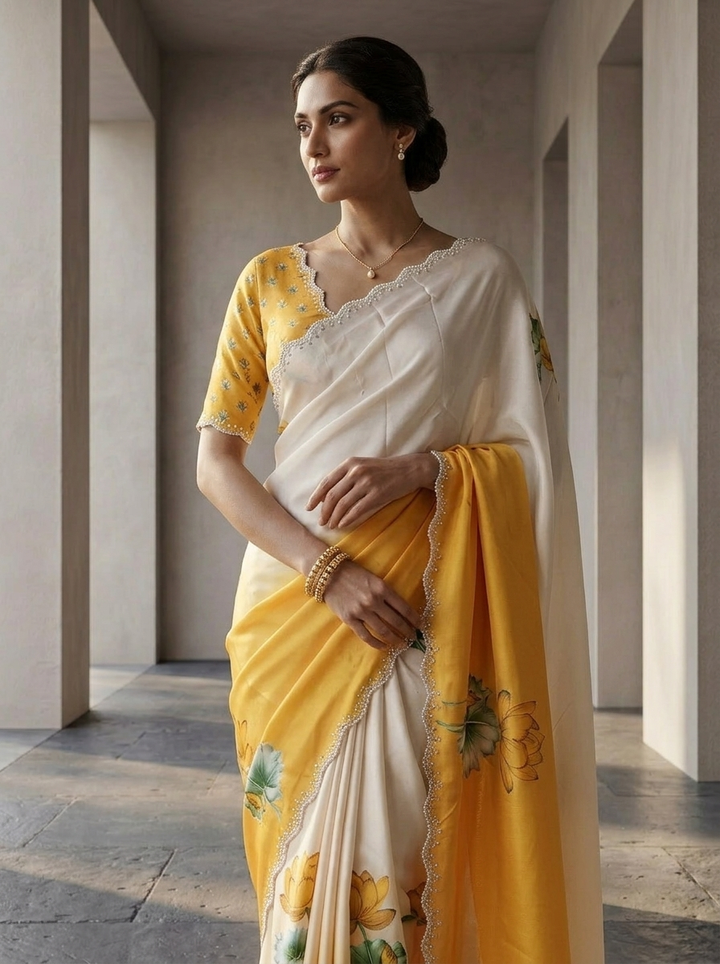 White And Mustard Satin Printed Saree