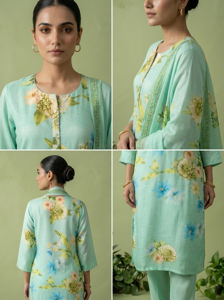 Mint Linen Heavy Floral Printed Three Piece Set