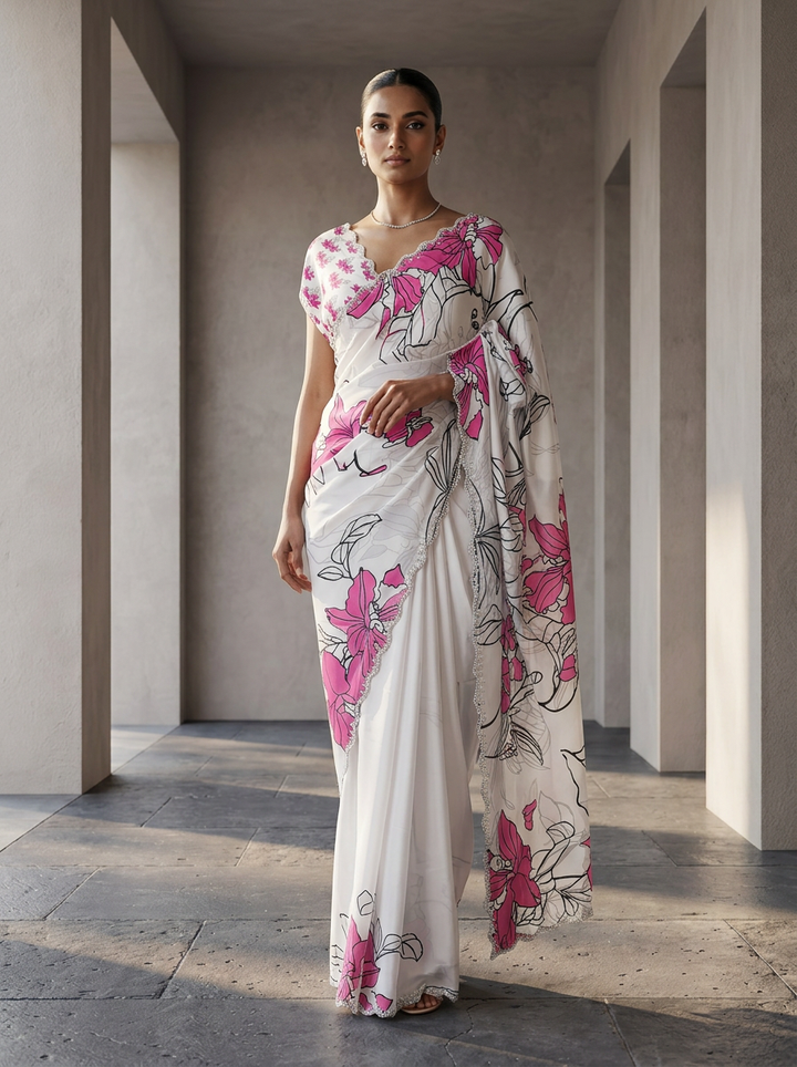 Pink Satin Floral Printed Saree