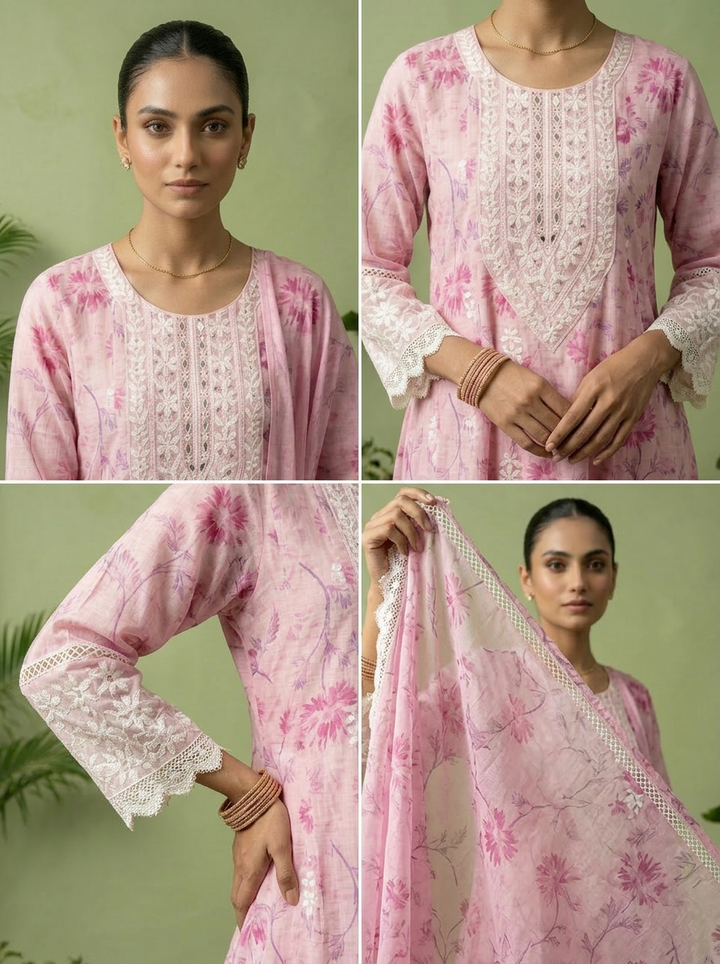 Baby Pink Cotton Floral Printed And Thread Embroidery Three Piece Set