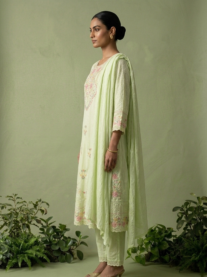 Pista Cotton Floral Thread Embroidered Three Piece Set