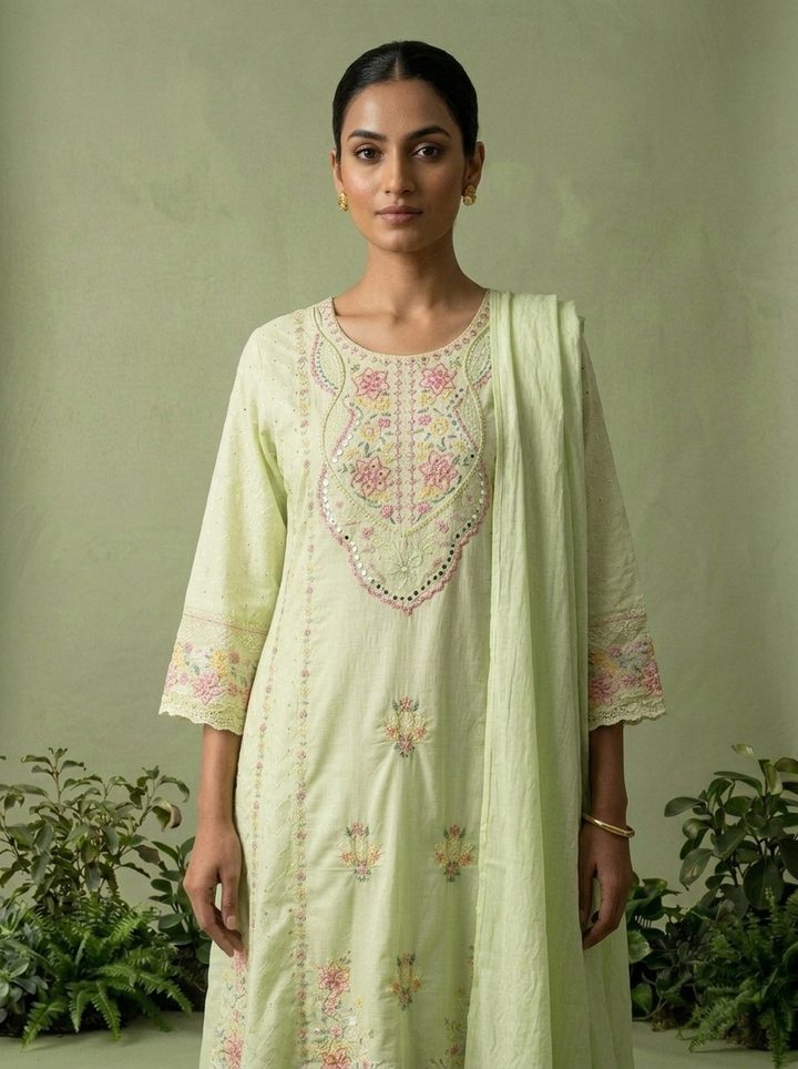 Pista Cotton Floral Thread Embroidered Three Piece Set