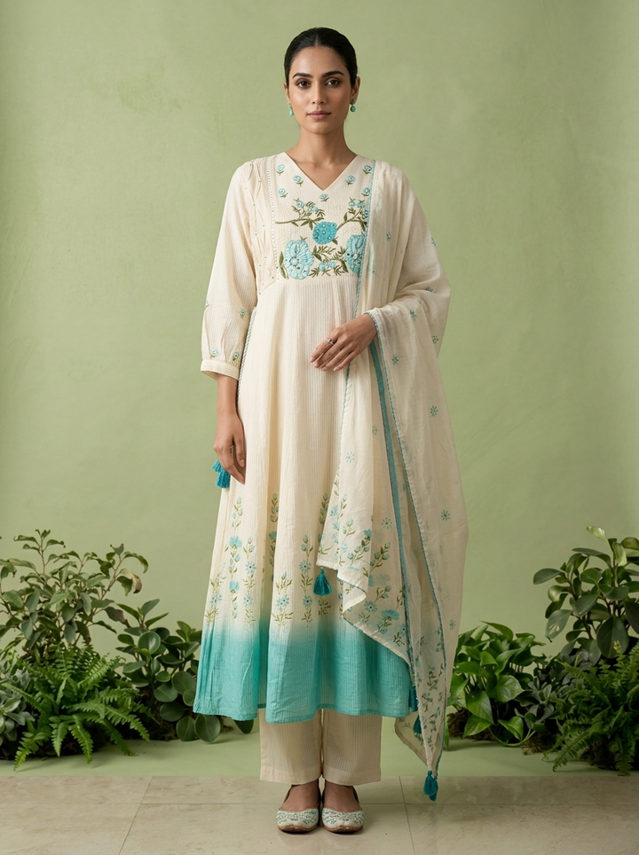 Turquoise Cotton Floral Thread Embroidered Three Piece Set