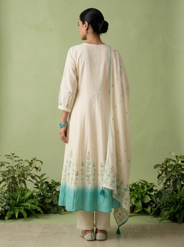 Turquoise Cotton Floral Thread Embroidered Three Piece Set