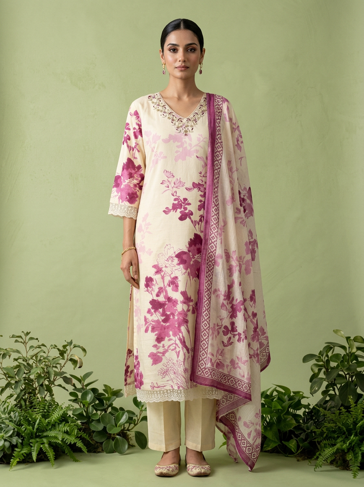 Wine Chikankari Printed And Beads Embroidered Three Piece Set