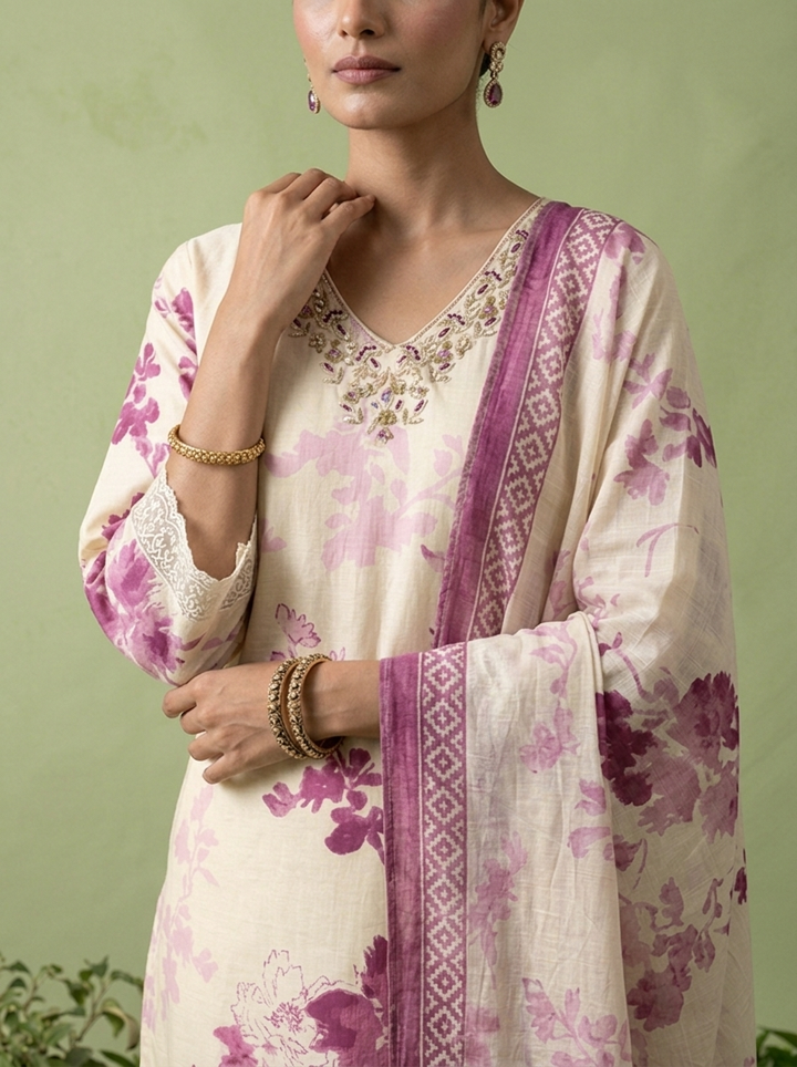 Wine Chikankari Printed And Beads Embroidered Three Piece Set