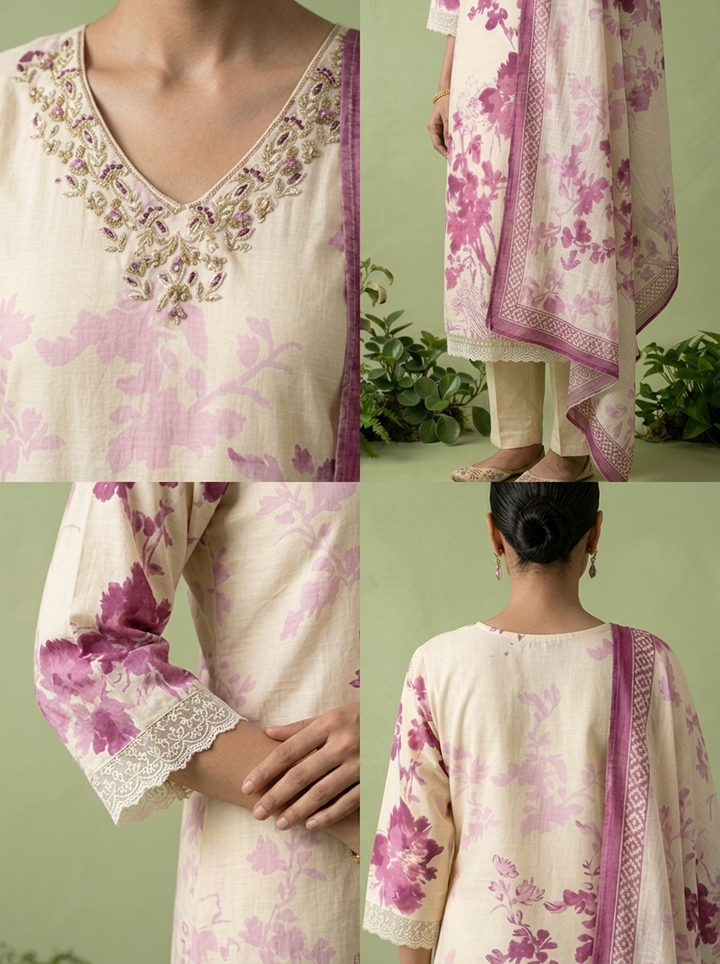 Wine Chikankari Printed And Beads Embroidered Three Piece Set