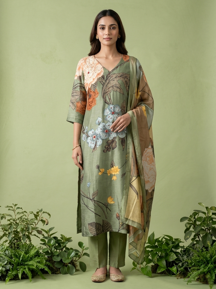 Olive Muslin Floral Digital Printed Three Piece Set