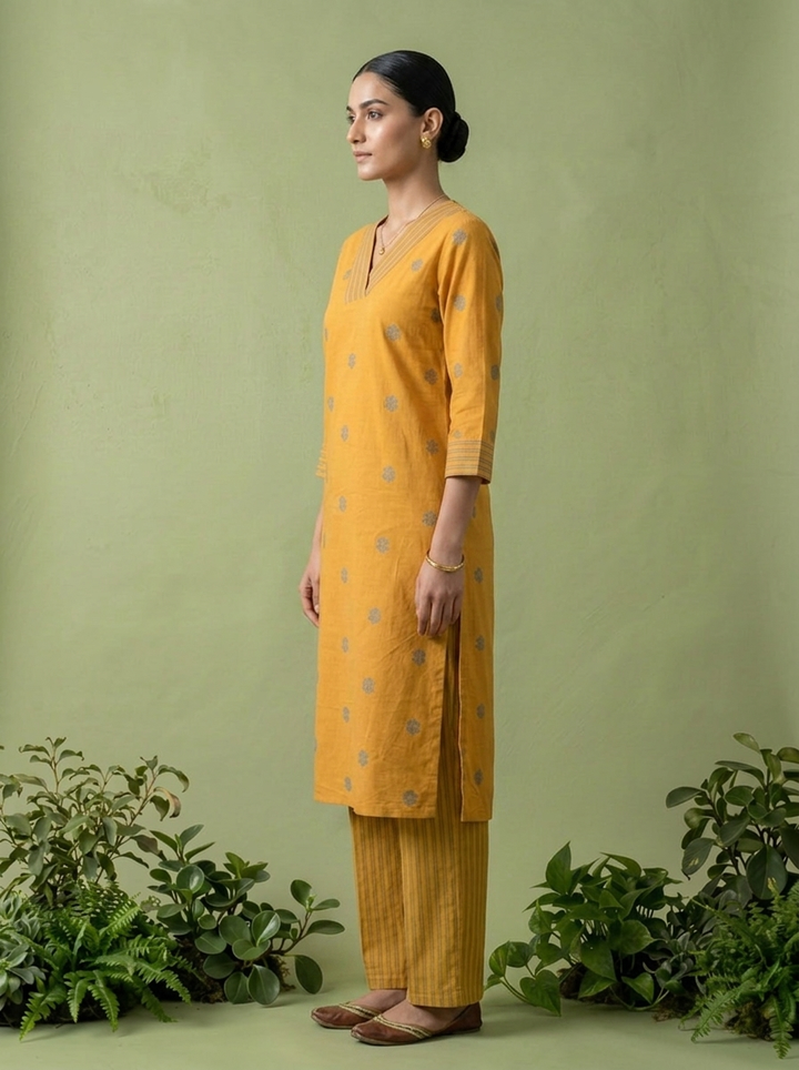 Mustard Cotton Floral Thread Embroidered Two Piece Set