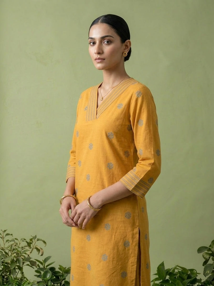 Mustard Cotton Floral Thread Embroidered Two Piece Set