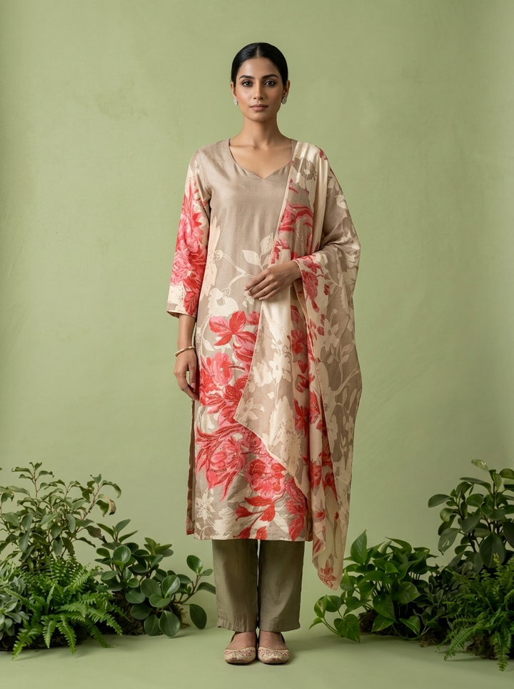 Beige And Red Silk Floral Digital Printed Three Piece Set