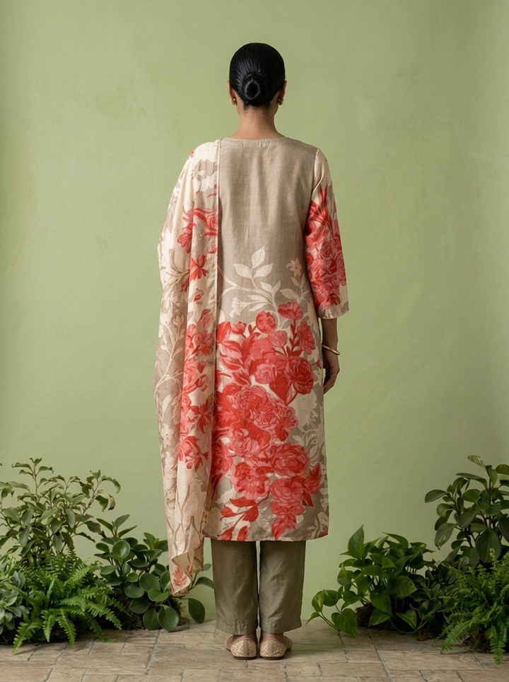 Beige And Red Silk Floral Digital Printed Three Piece Set