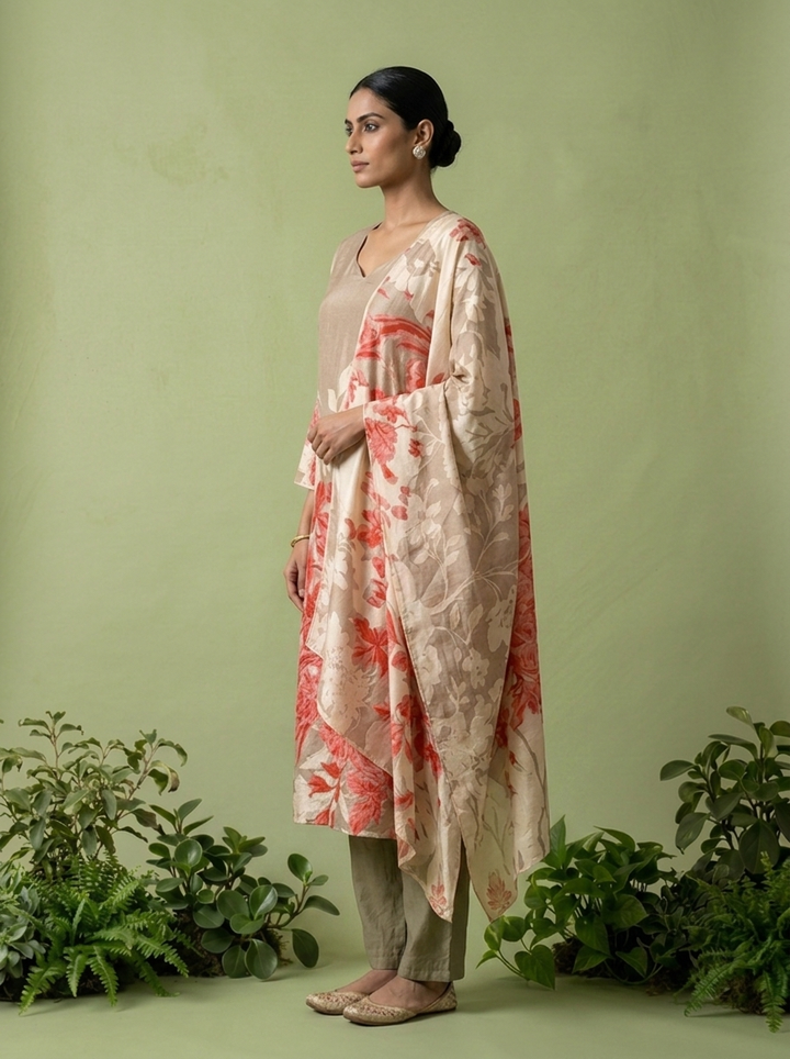 Beige And Red Silk Floral Digital Printed Three Piece Set