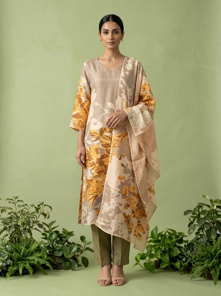 Beige And Yellow Silk Floral Digital Printed Three Piece Set