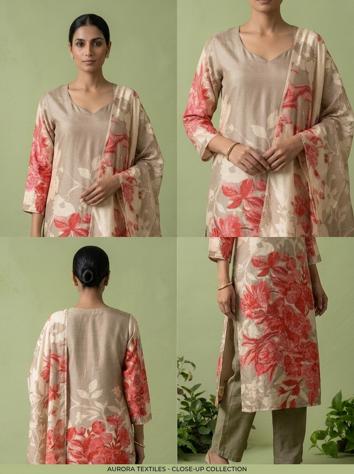 Beige And Red Silk Floral Digital Printed Three Piece Set